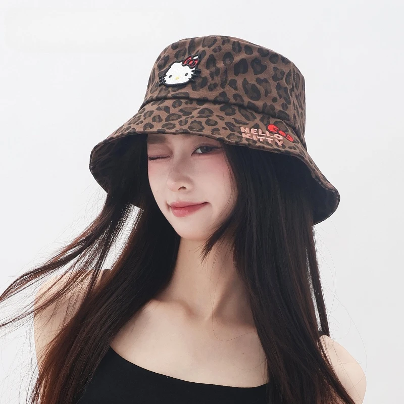 

New Sanrio Leopard Bucket Hat Hello Kitty Headwear Accessory Fisherman Cap for Outdoor Teen Baseball Cap UV Protection Sun Visor
