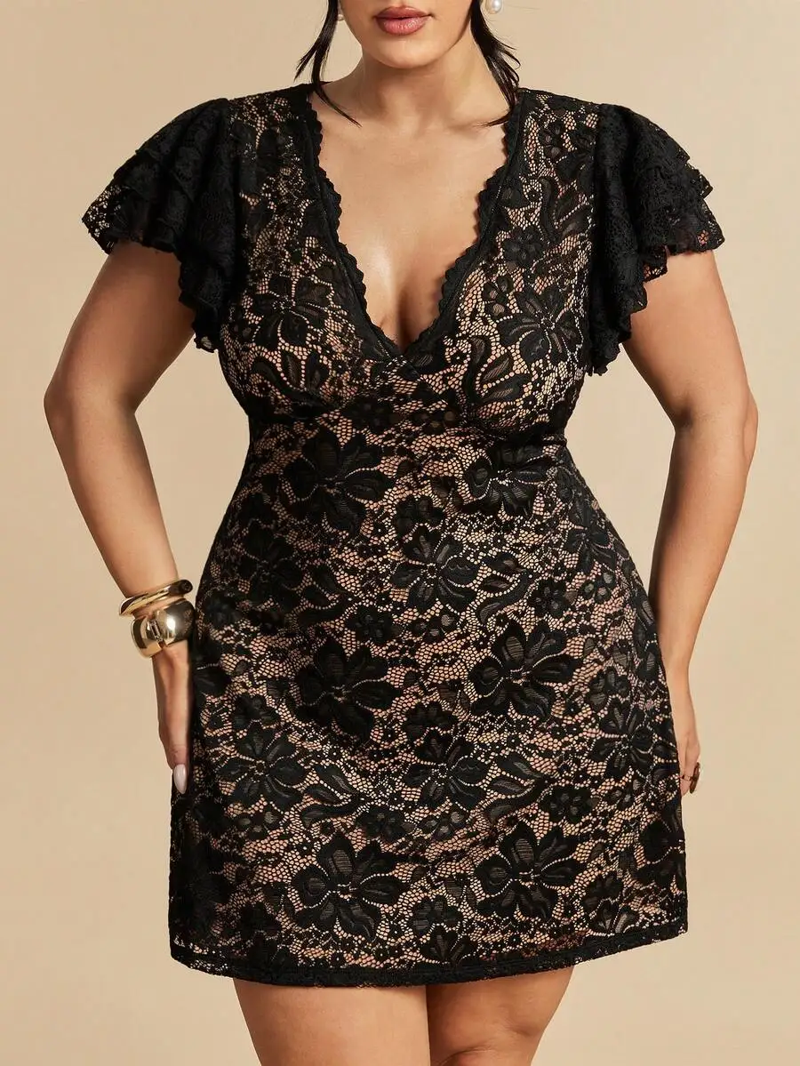 

Black Lace Mini Dress With Ruffle Sleeve V Neck Elegant Party Dress