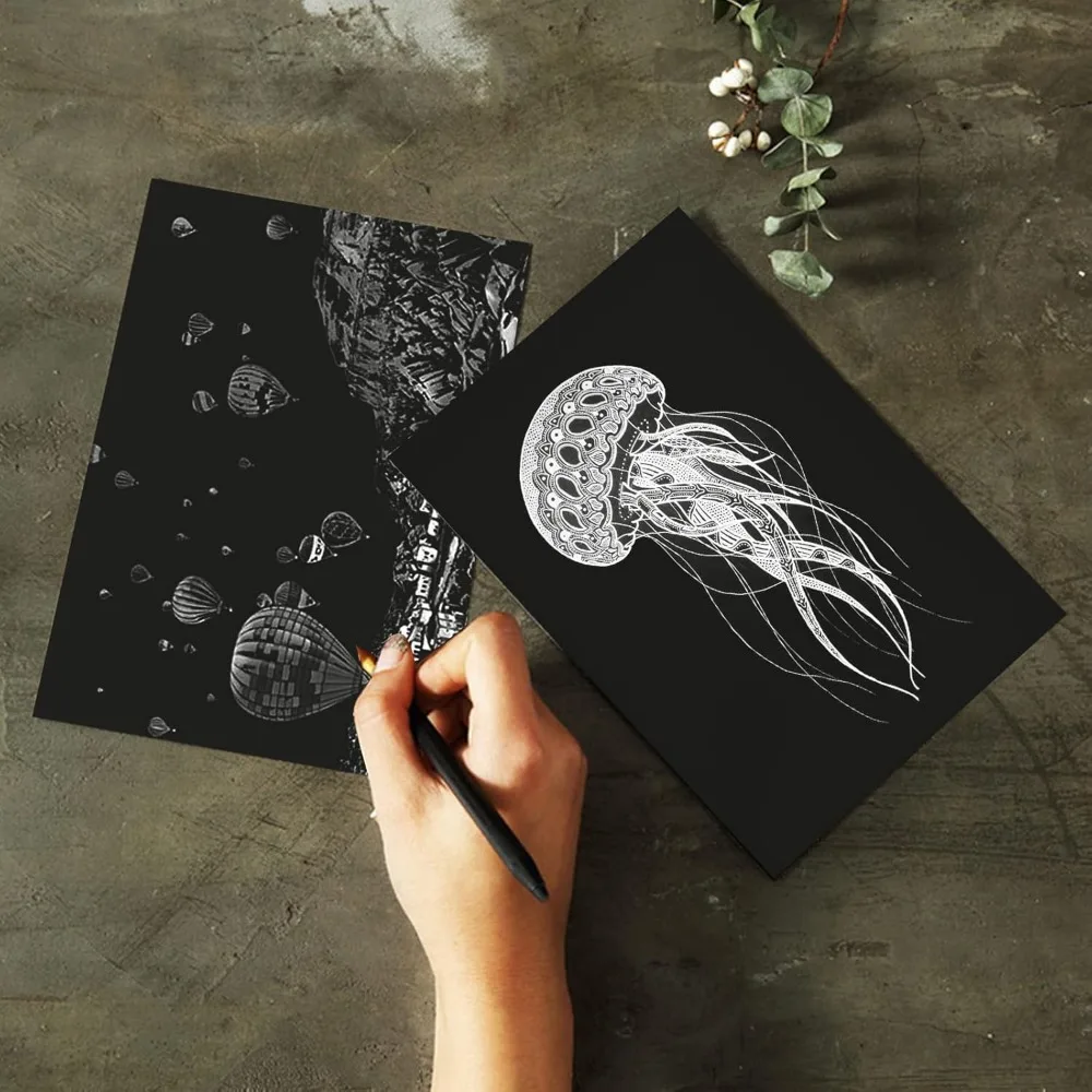 Set de arte de papel para rascar, 50 piezas de tablero para rascar recubierto de negro de 8 × 11 pulgadas, papel grande para rascar