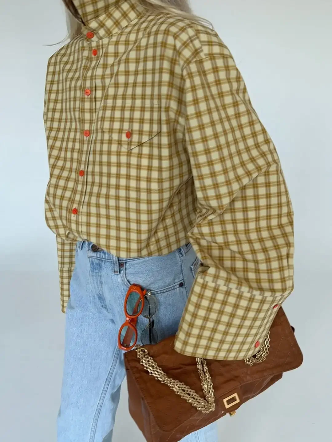 Plaid Button Down Shirt Contrast Buttons Women  Turn‑down Collar Long Wide Cuff Sleeve Oversized Blouse Vintage Lady Daily Tops