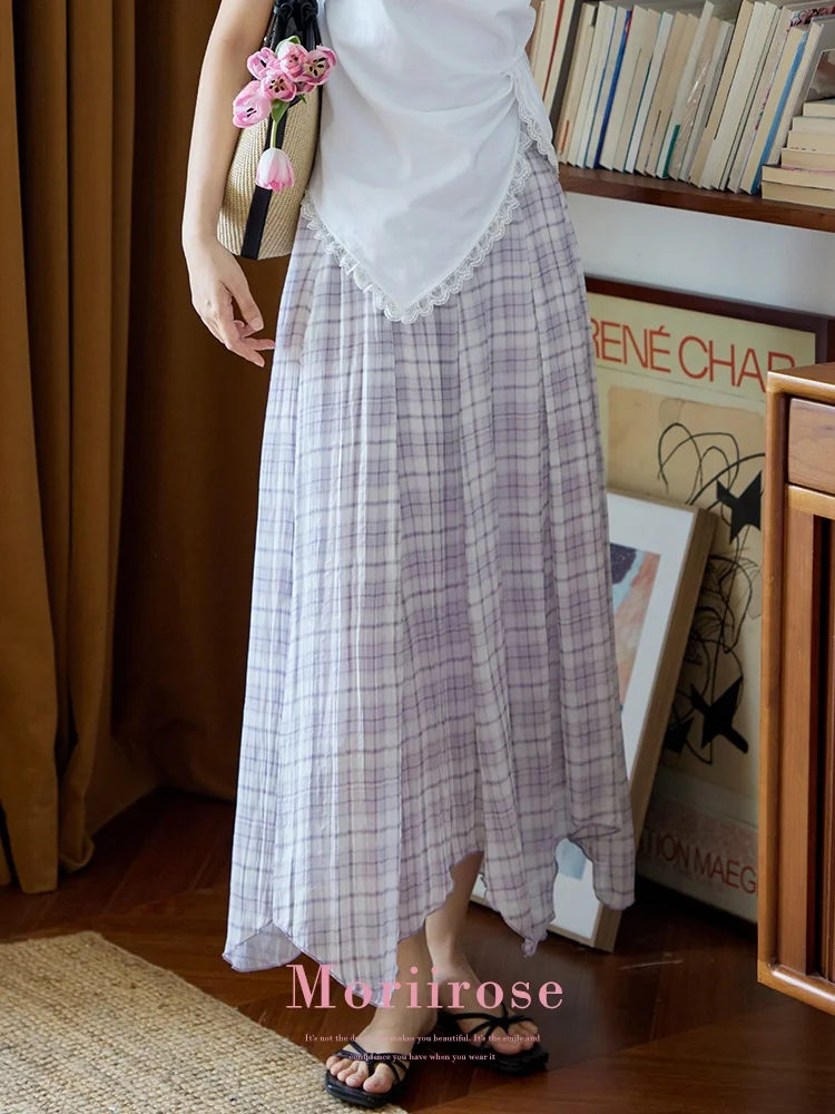 

Moriirose High Waist Midi Plaid Skirt Women's Summer Vintage Slimming f-length A-Line Skirt with Irregular Hemline