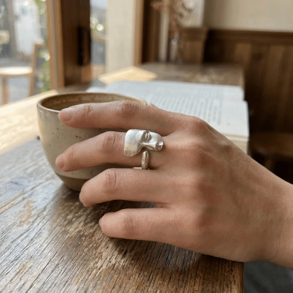 Unisex Unique Mystical Masked Face Ring Adjustable Metal Silver Color Open Rings David Sculpture Vintage Goth Style Ring Daily - view 4
