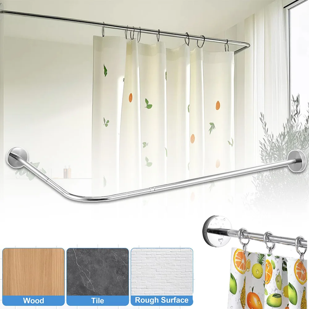 Barra per tenda da doccia in acciaio inossidabile, asta per tenda da doccia angolare regolabile, da fissare a parete o al soffitto per il bagno, richiede foratura, colore argento.