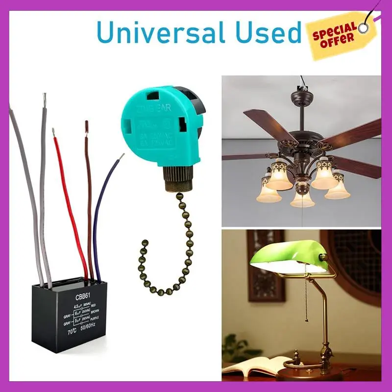 ZING EAR Ceiling Fan Pull Chain Switch 3 Speed 4 Wire, Ceiling Fan Capacitor CBB61 4.5Uf + 6Uf + 5Uf 5 WIRE 250V Easy To Use B