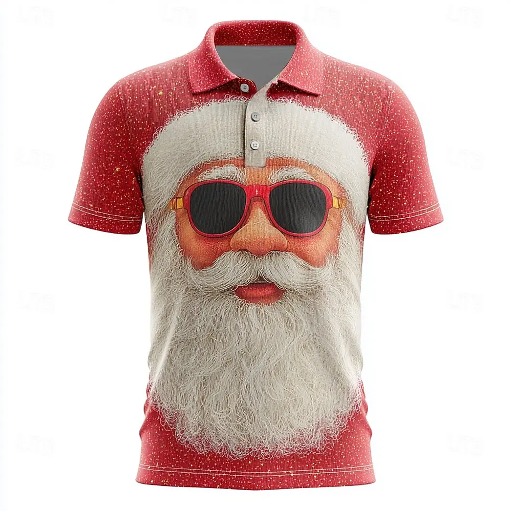 

2024 Рождественские мужские рубашки поло с 3D принтом Санта-Клауса, 3D-дизайн с лацканами, повседневная одежда с короткими рукавами, стиль летних праздников