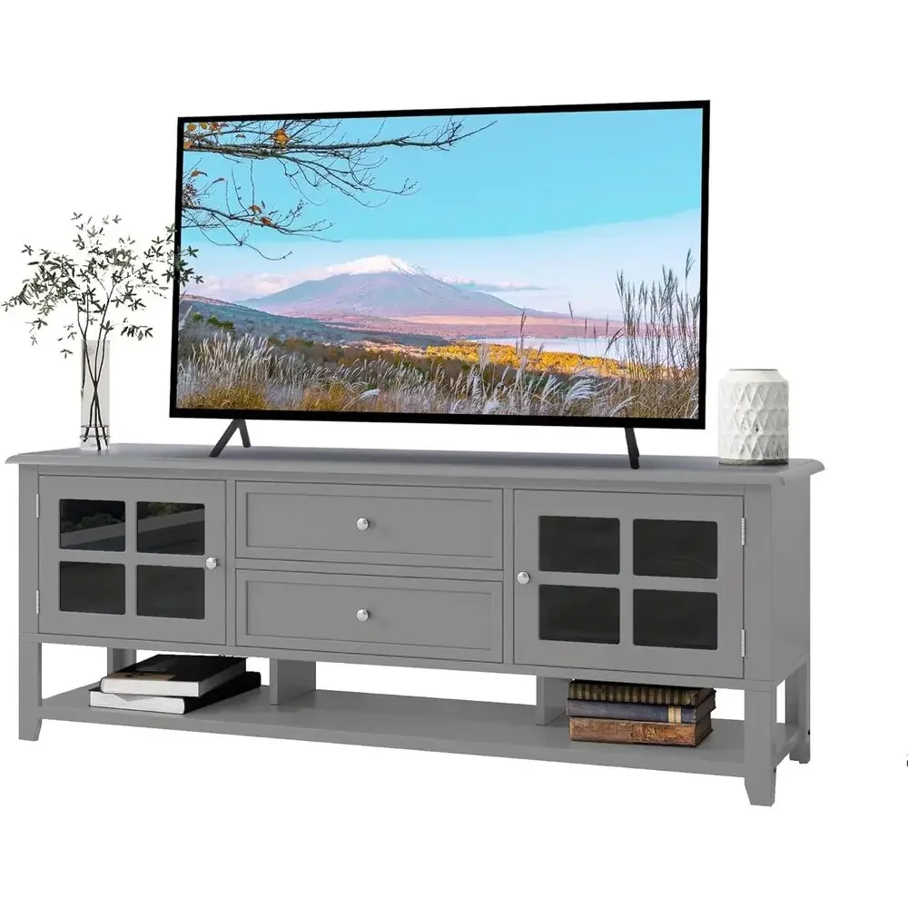 60 TV Stand with Window Pane Glass Door, Storage Cabinet, Drawers & Open Shelf for Living Room or Bedroom