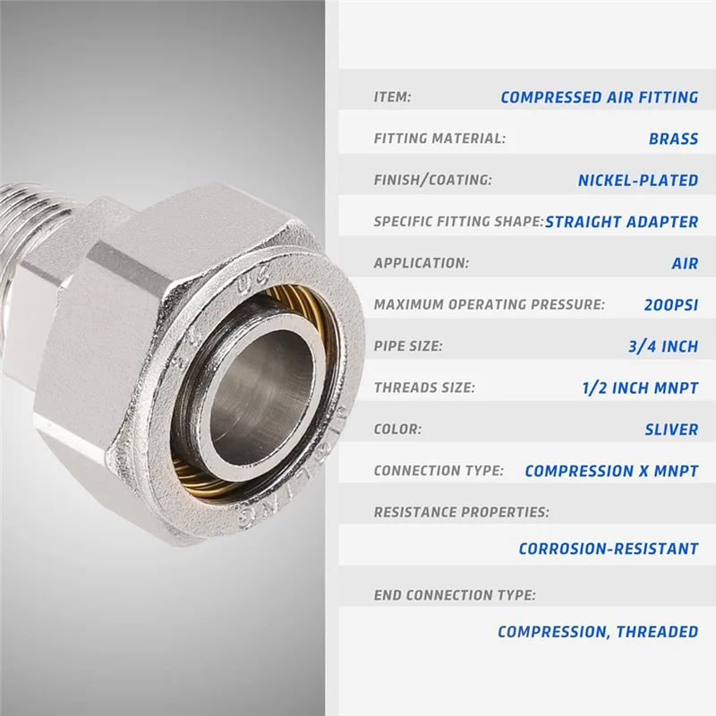 ABJN-3/4 بوصة تركيبات أنابيب الهواء المستقيمة، 3/4 × 1/2 بوصة تركيبات محول خيوط NPT ذكر، مطلي بالنحاس والنيكل، قطعتان
