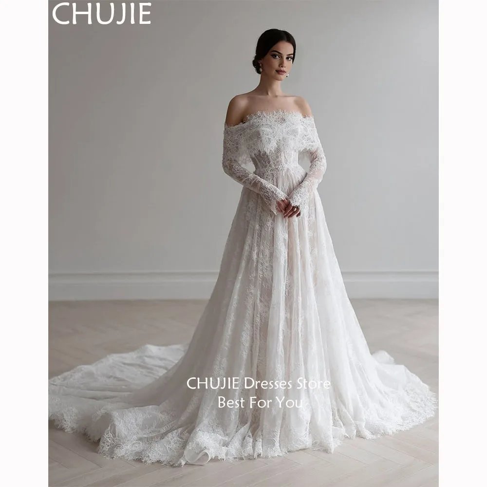 

White Full Lace Long Sleeve Bridal Gowns Classic Wedding Dresses Woman Elegant A LIne Pleat With Train Customized Bride Dress