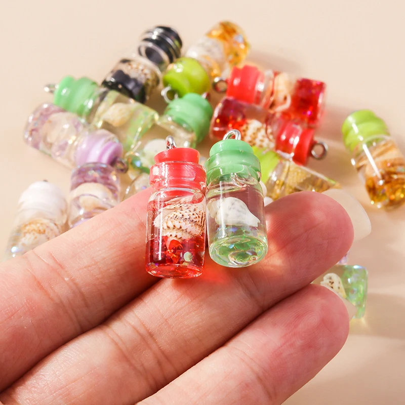 Leslie 10 Stück Gemischte Stile Sommer-Glasfläschchen mit Perlen-Muschel-Anhängern für DIY Ohrringe, Schlüsselanhänger, Halsketten und Schmuckherstellung – Detail 7