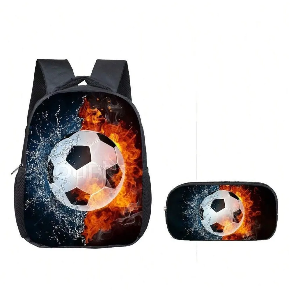 

Football kindergarten backpack polyester lightweight elementary school backpack pencil case two-piece set