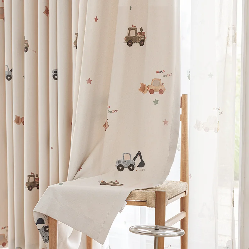 Cotton and Linen Embroidery Cartoon Engineering Car Curtains Children's Room Blackout Fabric Products Window Screens Custom Size