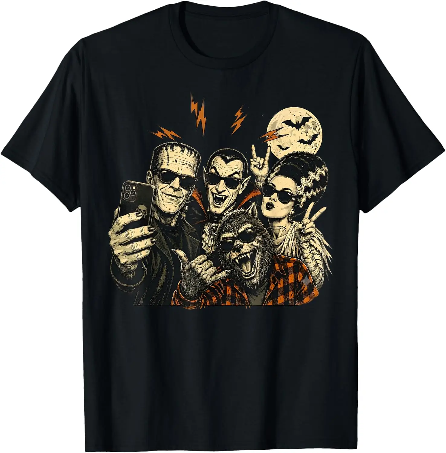 Vintage 90S Halloween Frankenstein Monsters Selfie Lovers T-Shirt Halloween Loose-Fit Pure Cotton Short-Sleeve Top – Stylish, Breathable, Plus-Size – Christmas Gift