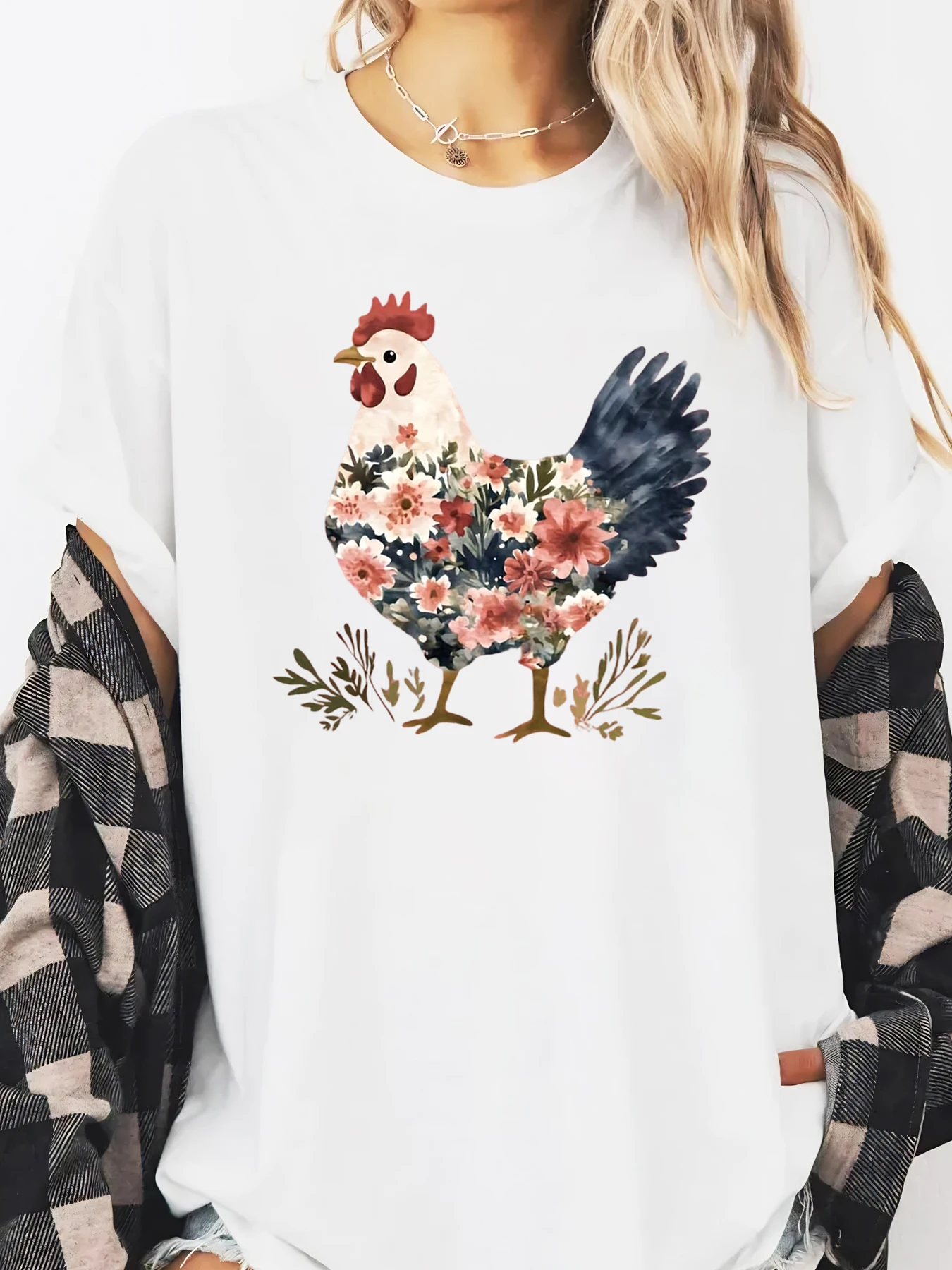 Floral Chicken Print T-shirt Easter Women's Casual Top Everyday Wear White Plus-size