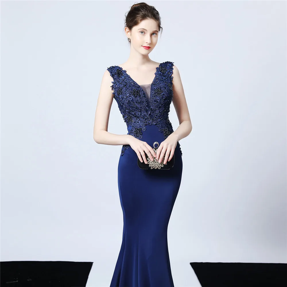 Plus Size Navy Blue Mermaid Evening Dress Exquisite Crystals Appliues Illusion Satin Long Formal Gowns For Women Dropshipping