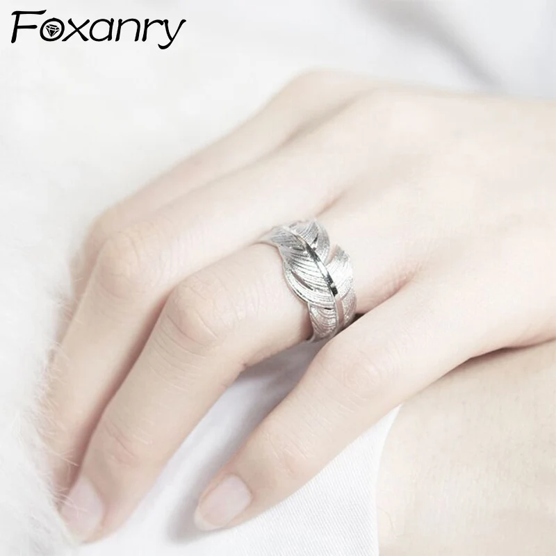 Foxanry Silver Color Feather Geometric Open Rings For Women Girls Trendy Minimalist Creative Design Elegant Daily Party Jewelry