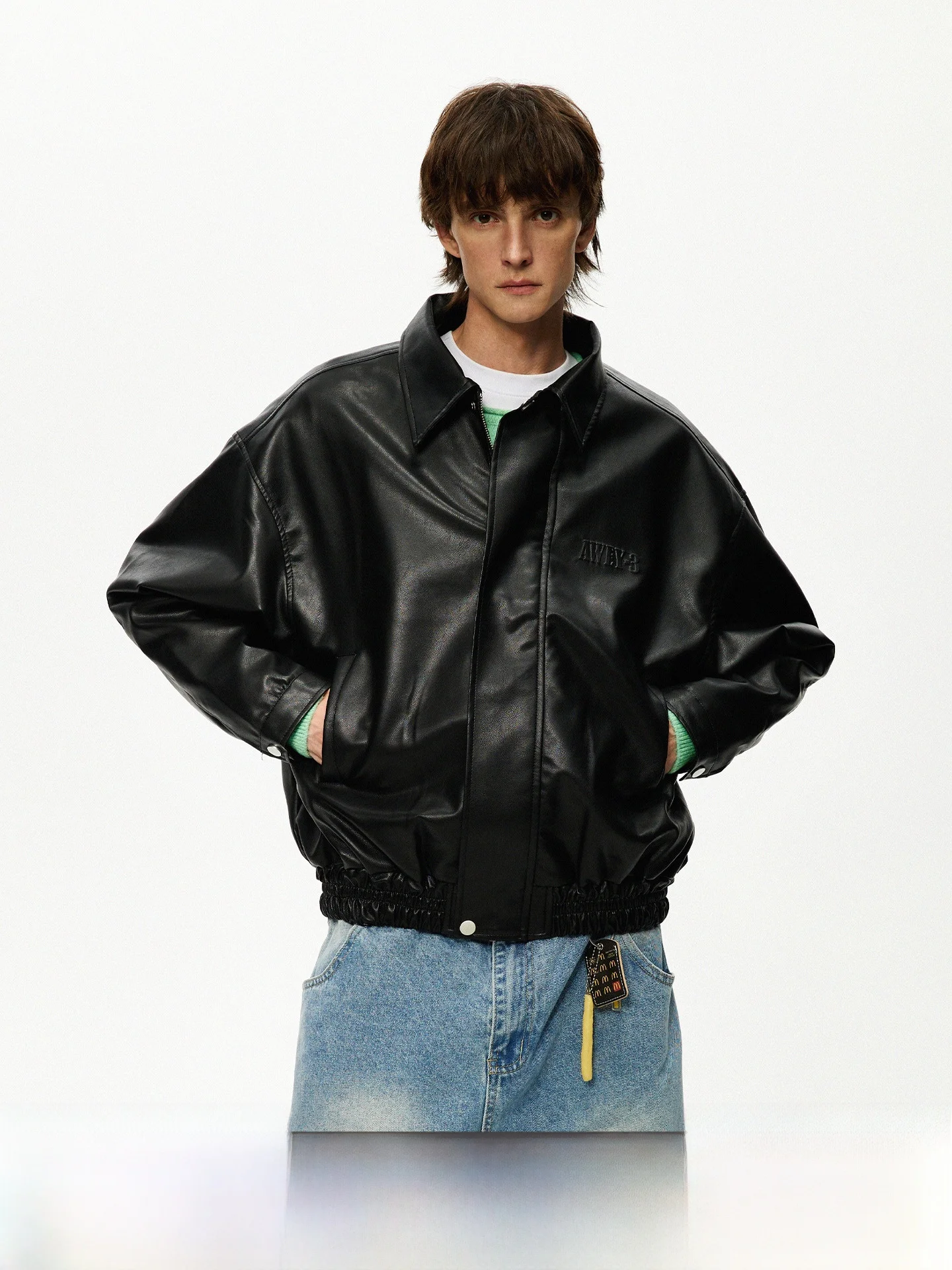 

ex Loose Fit Pure Color Motorcycle Jaet PU Leather Street Sle Versatile Biker Coat Youth Trend Polyester Cotton Blend