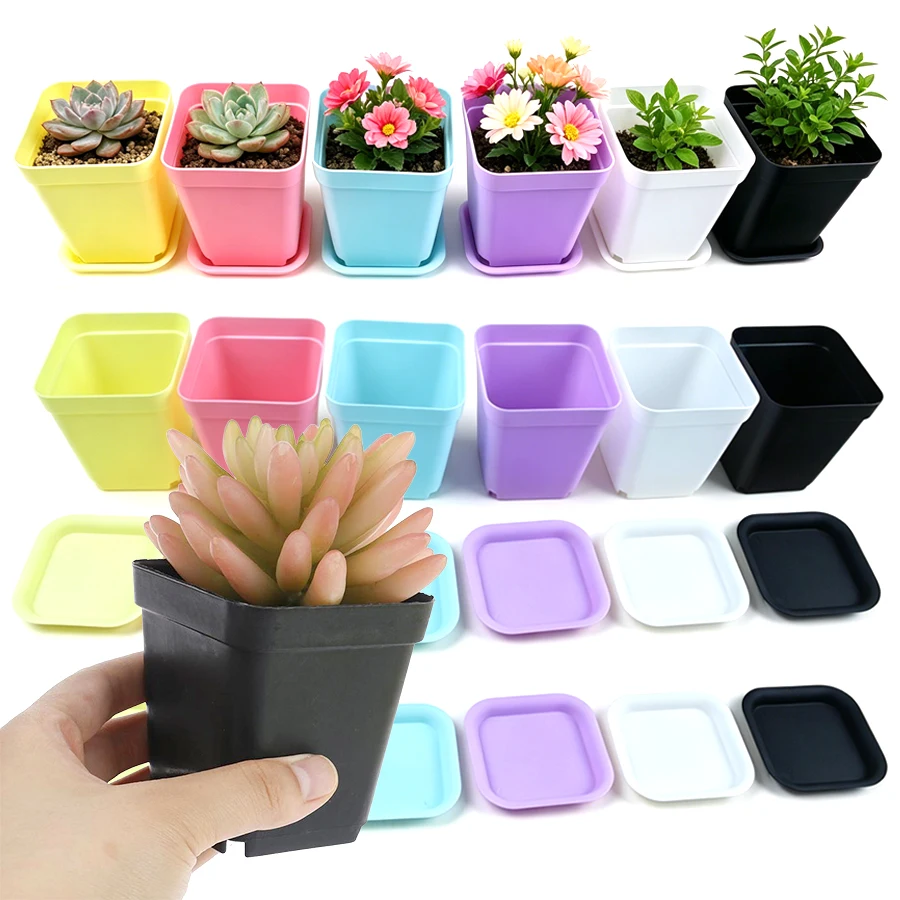 Vaso de Flores Colorido Quadrado com Bandeja, 6/12/24 peças, Decoração para Escritório, Interior e Exterior, Jardins e Viveiros, Vaso de Plástico XJM