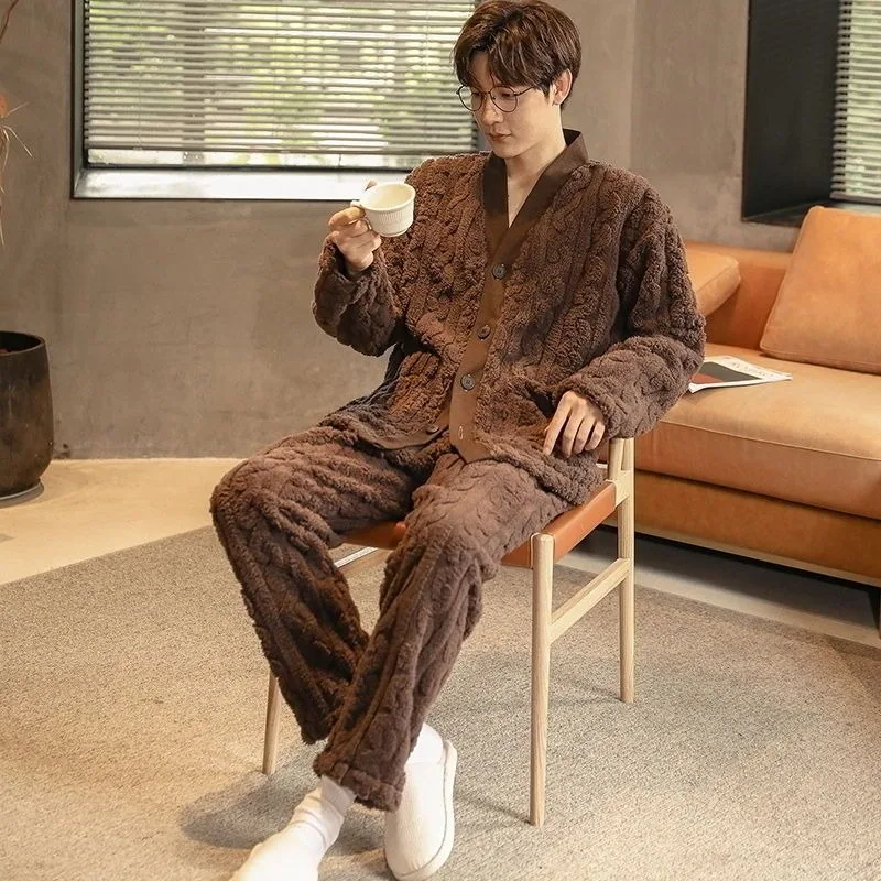 Pajamas Gentleman Autumn Winter Warm Coral Fleece Young and Middle-aged Cardigan Flannel Simple Home Clothes with Fleece Pajama