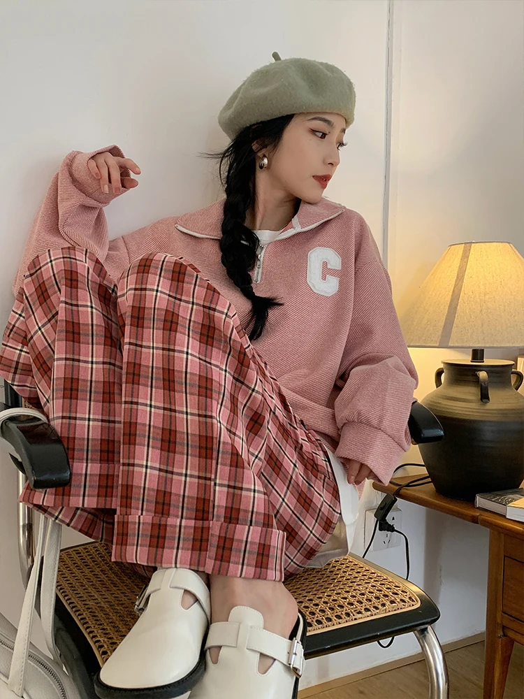 

High Waist Straight Leg Casual Pants Women's Pink Plaid Wide Leg Long Trousers Comfortable Slimming Effect Autumn Faion