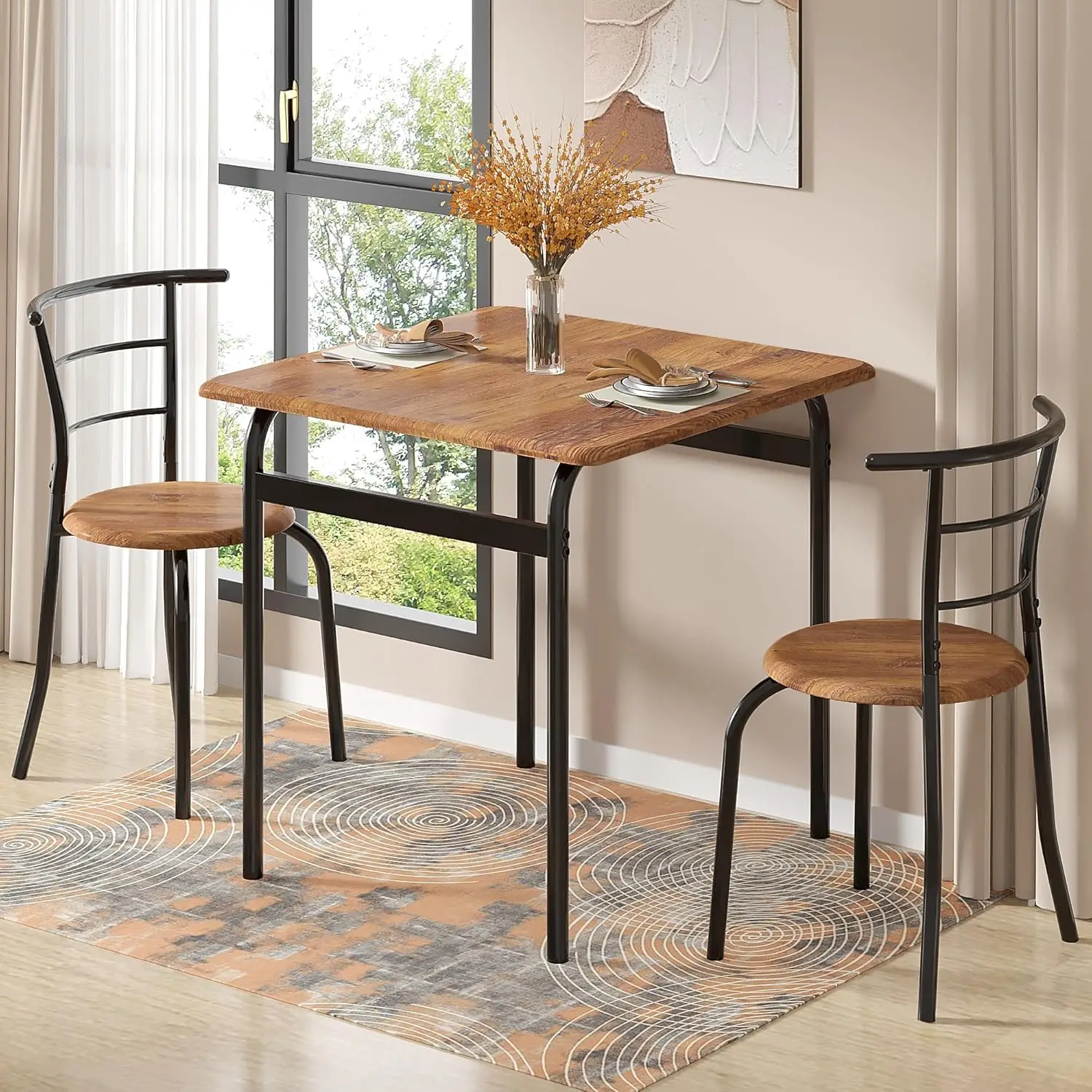 Dining Table Set For 2, 3-Piece Modern Dinette With Chairs For Small Space, Kitchen, Breakfast Nook, Brown
