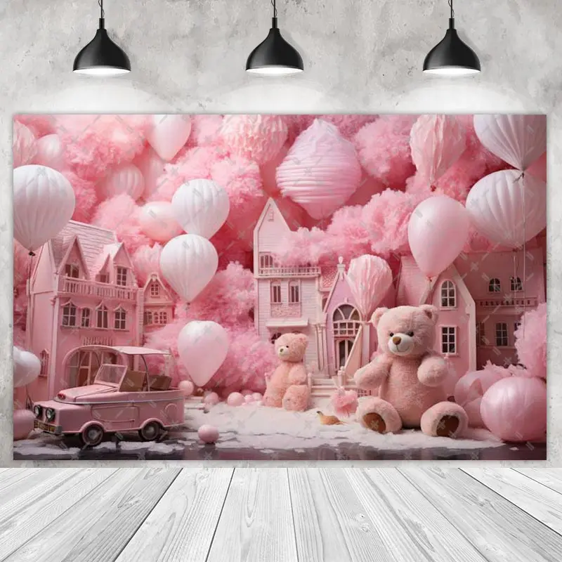 Pink Teddy Bear Backdrops Children Kids Girls Photography Cake Smash Balloons Castle Moon Stars Background Photo Shoot Studio