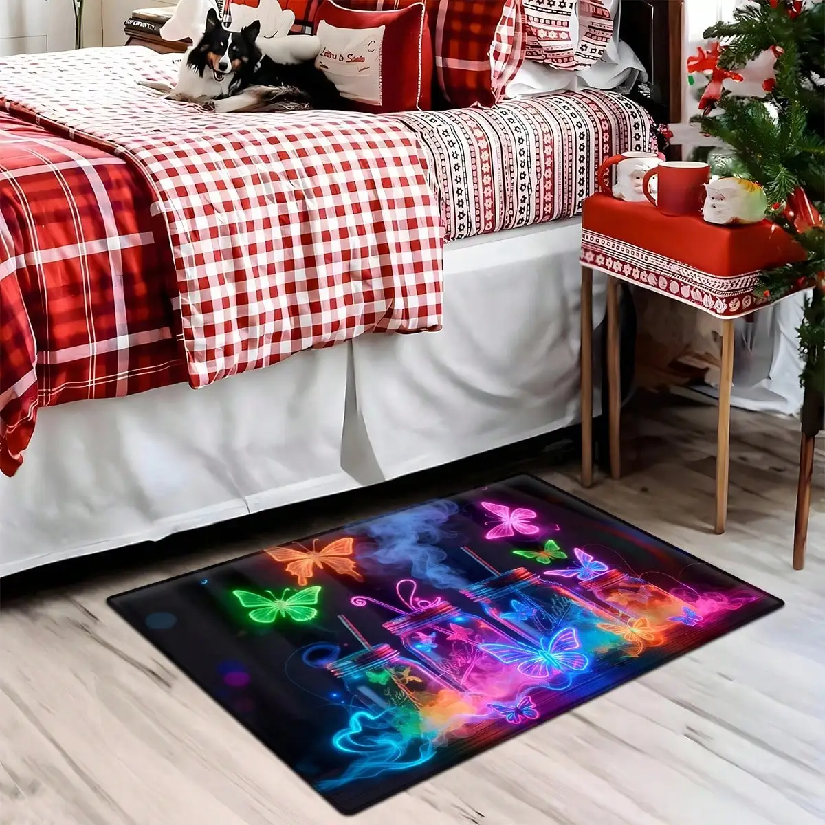 Neon Butterfly Door Mat - Colorful Glow-in-the-Dark Style Rug, Abstract Pattern Entrance Mat, Modern Floor Mat, Multiple Sizes