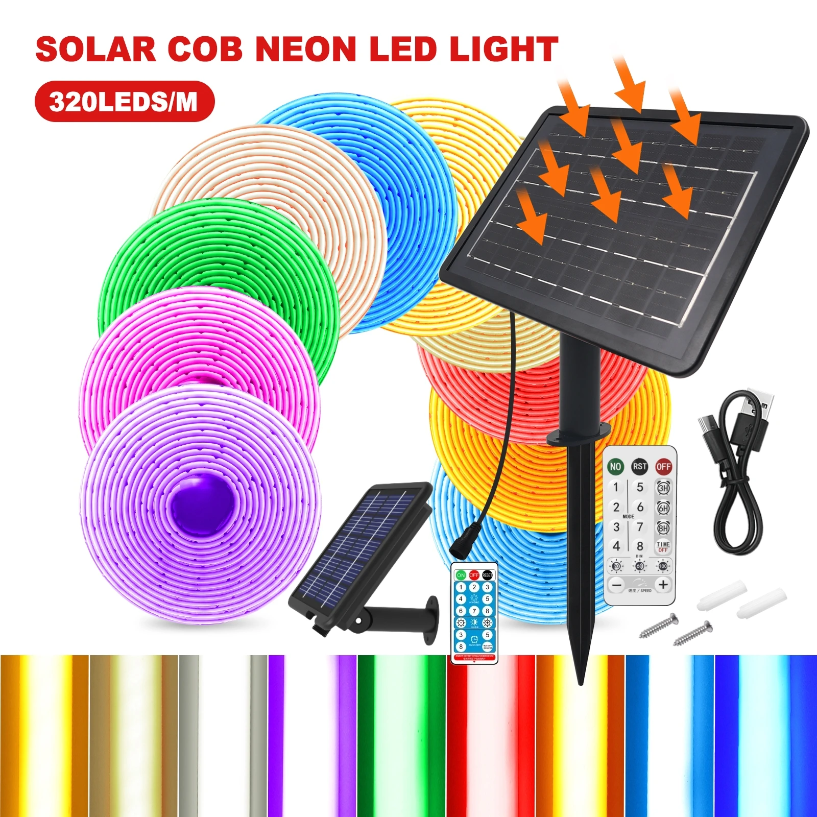 Solar COB Neon Strips 24V Dimmable LED Lights IP68 Waterproof Outdoor 320LDs/M Linear Lighting RA90 High Density Flexible Ribbon