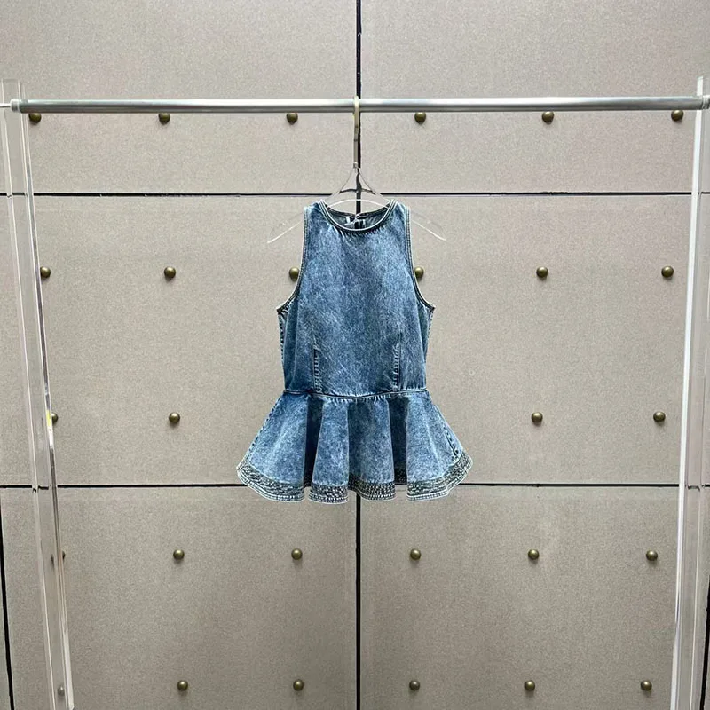 Women's Snowflake Print Denim Sleeveless Top, Round-Neck Ruffled Tank Top, Casual and Versatile T-Shirt, 2026, New Arrival, Y2K