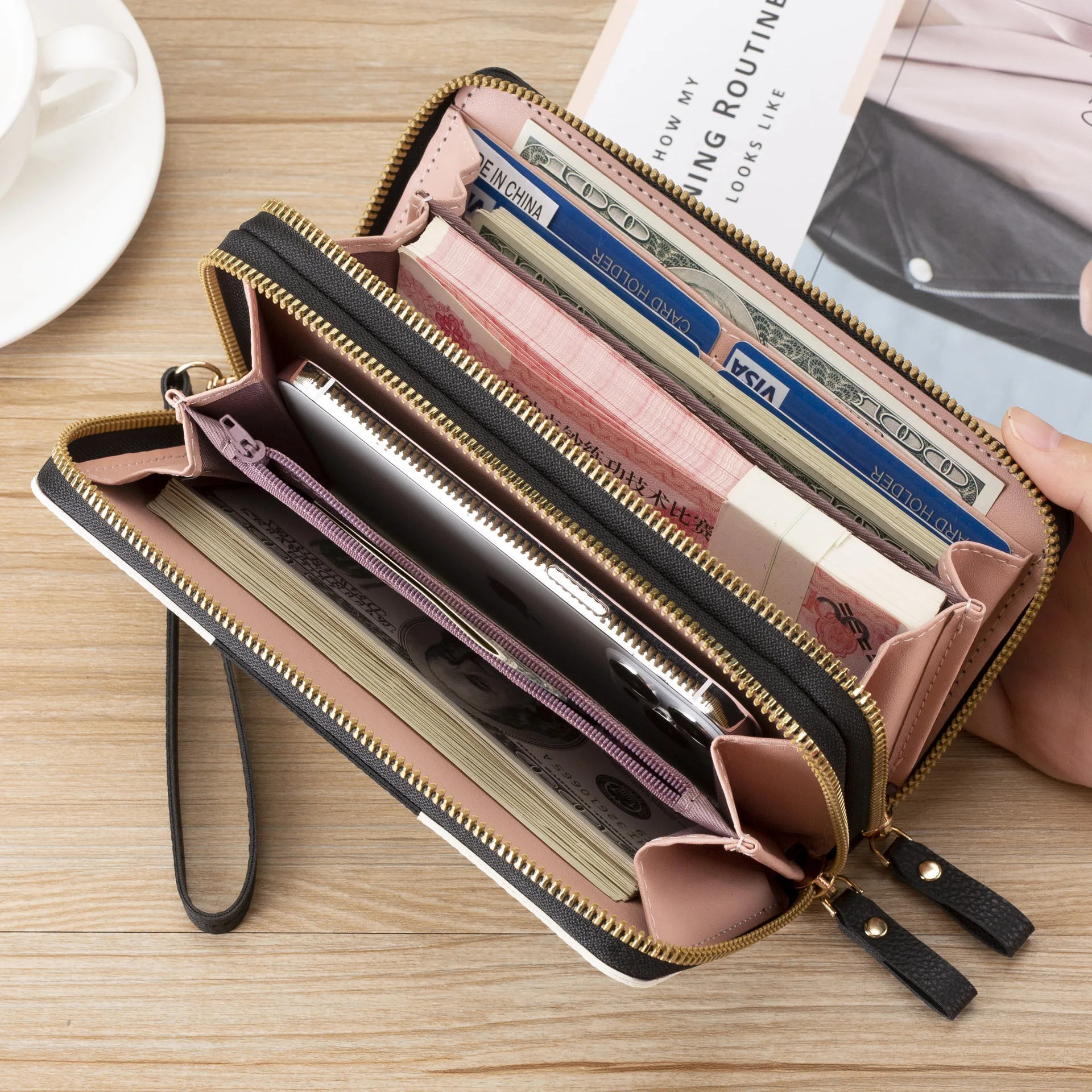 Women PU Leather Long Wallet Ladies Double Zipper Clutch Purse with Wrist Strap Color Block Card Holder Phone Pocket Money Bag