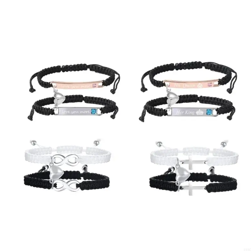 195C Matching Bracelet Set with Two-Piece Heart Charm, Braided Cord Construction, Stainless Steel and Sliding Closures