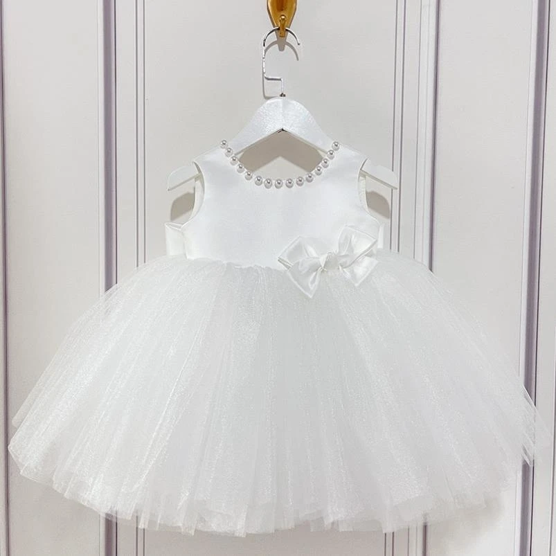 

Baby Spanish Lolita Princess Ball Gown Bow Pearls Design Children's Catwalk Birthday Baptism Party Eid Dresses For Girls A2885