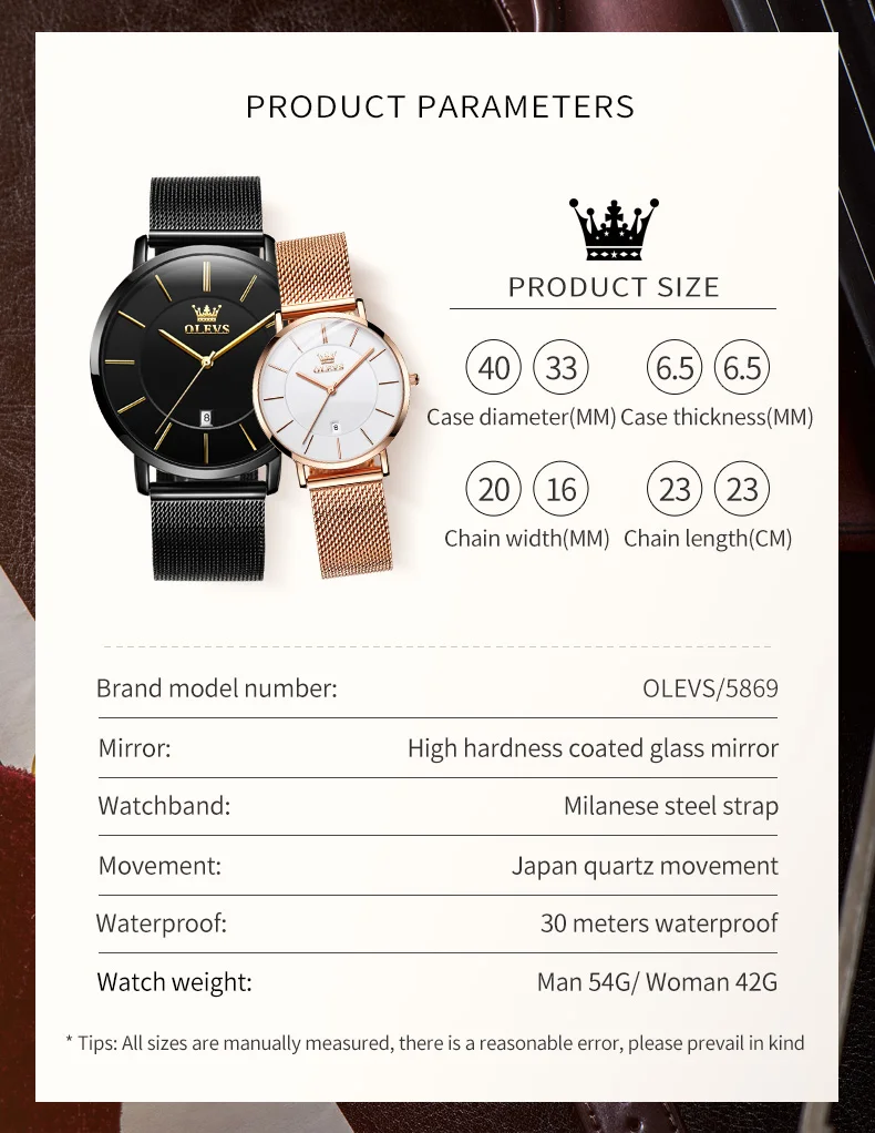 OLEVS Couple Watch Luxury Quartz Couple Watch Casual Fashion Ultra Thin Waterproof Calendar Watch His/Her Couple Dating Watch