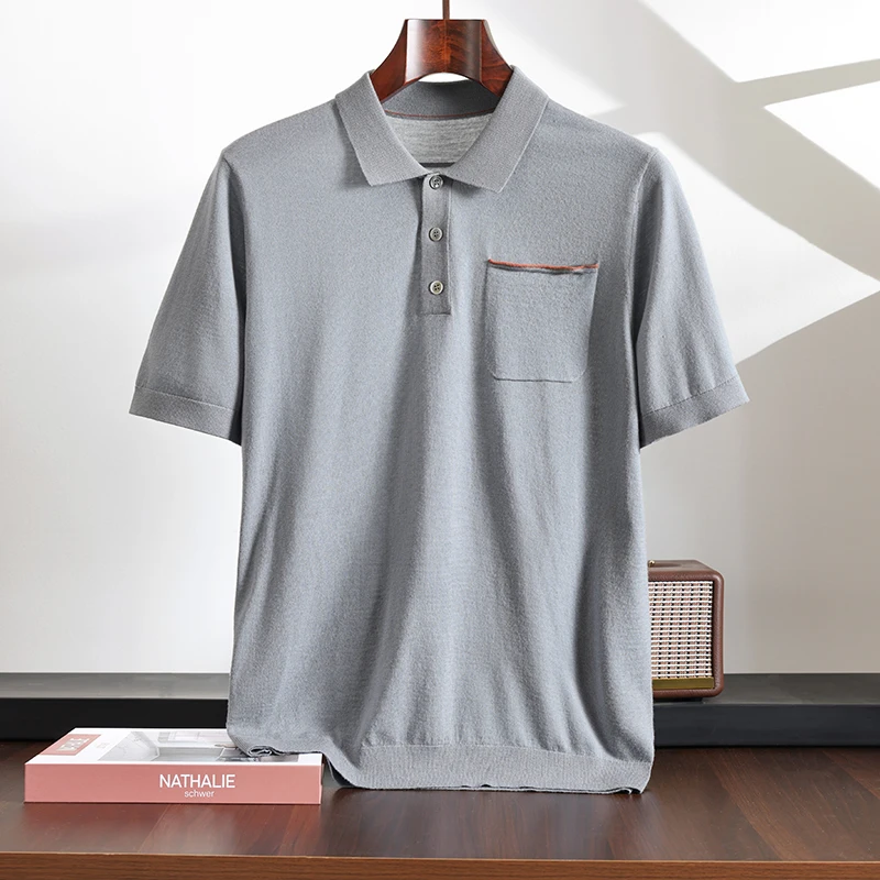 Men's Knit 100% Wool Polo Shirt - Breathable & Stretch Turn-Down Collar Design for Business Golf and Social Events Summer New