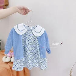 Baby Girls Dress Set Spring and Autumn New Knitted Sweater Cardigan Fragmented Flower Dress 2 Piece Set for Children