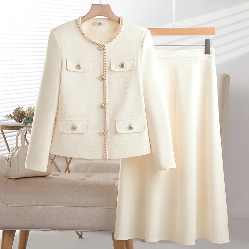 2024 Socialite Classic Style Round Neck Jacket Women's Autumn New Lady Elegant Single-breasted Long-sleeve Blazer Suit Skirt