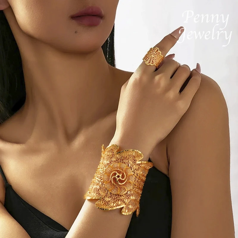 

Exaggerated Big Size Dubai 22K Gold Plated Jewelry Set Women Bangle Bracelet Ring Sets Bridal Wedding Party Gifts Jewellery Sets