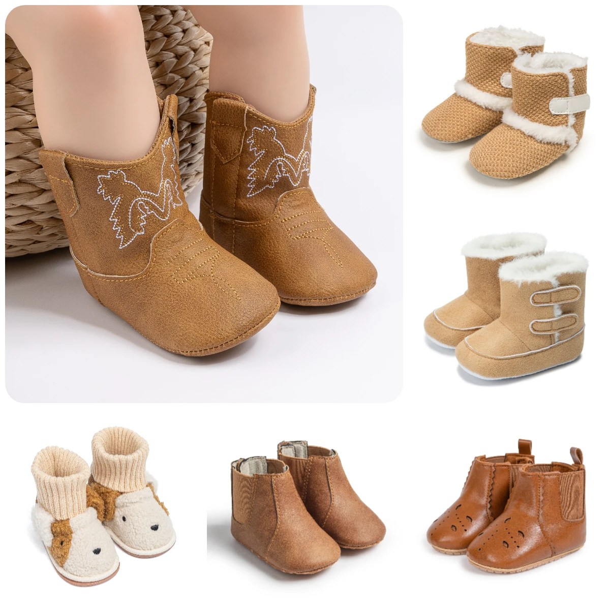 Newborn Baby Boys Girls Booties Retro Leather Autumn Winter Casual First Walkers Toddler Cotton Sole Comfortable Walking Shoes