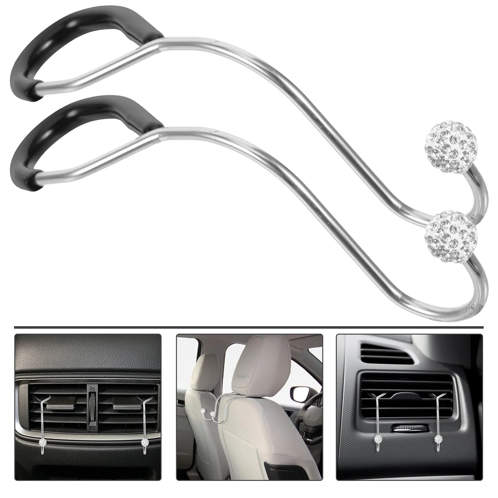 

2Pcs Car Hook Headrest Hanging Hook Rhinestone Stainless Steel Backseat Car Organizer Seat Hooks Automotive Consoles Organizers