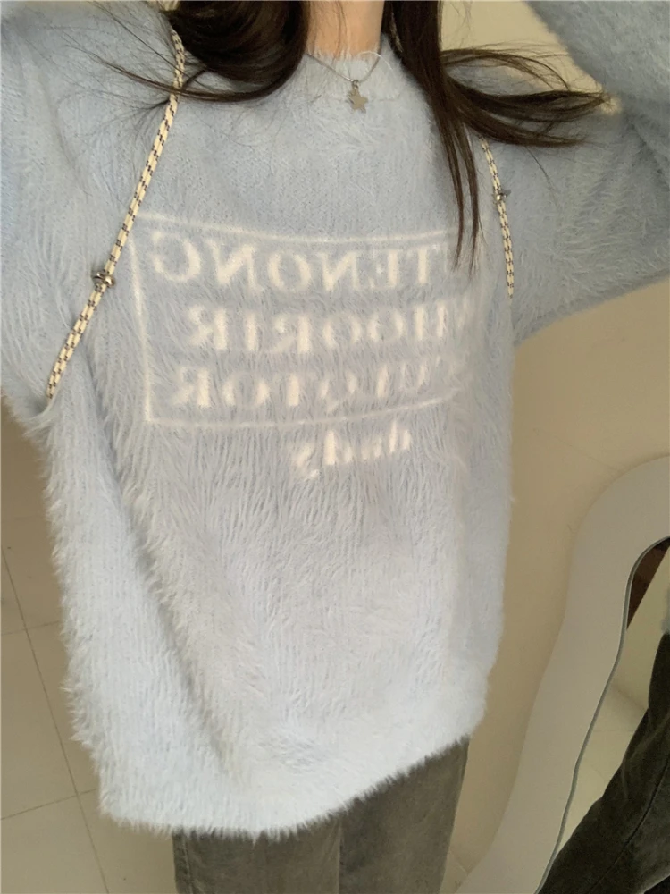 Korobov Sweet Vintage Sweater Female Pull Femme Autumn New Imitated Mink Wool Y2k Tops Thick Loose Letter Long Sleeve Knitwears