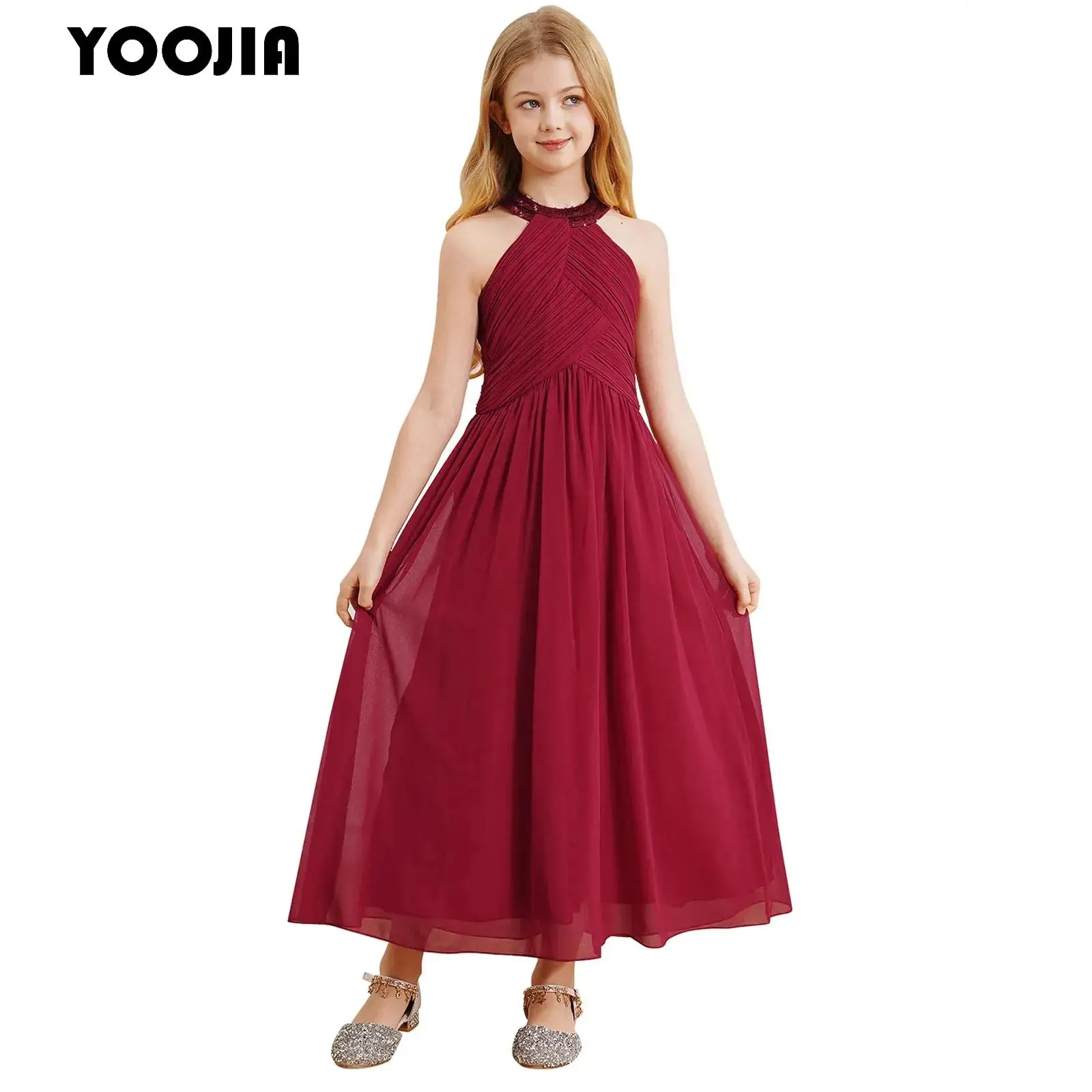 Kids Flower Girls Summer Chiffon Princess Dress Elegant Sequin Halter Ruched Bodice Long Dresses for Wedding Pageant Party Gowns