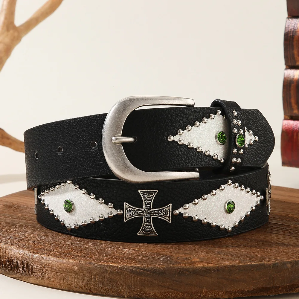 Vintage Rhombus Rivet Spliced Belt, Fashion Accessory, Luxury Light Style, Y2K All-Match