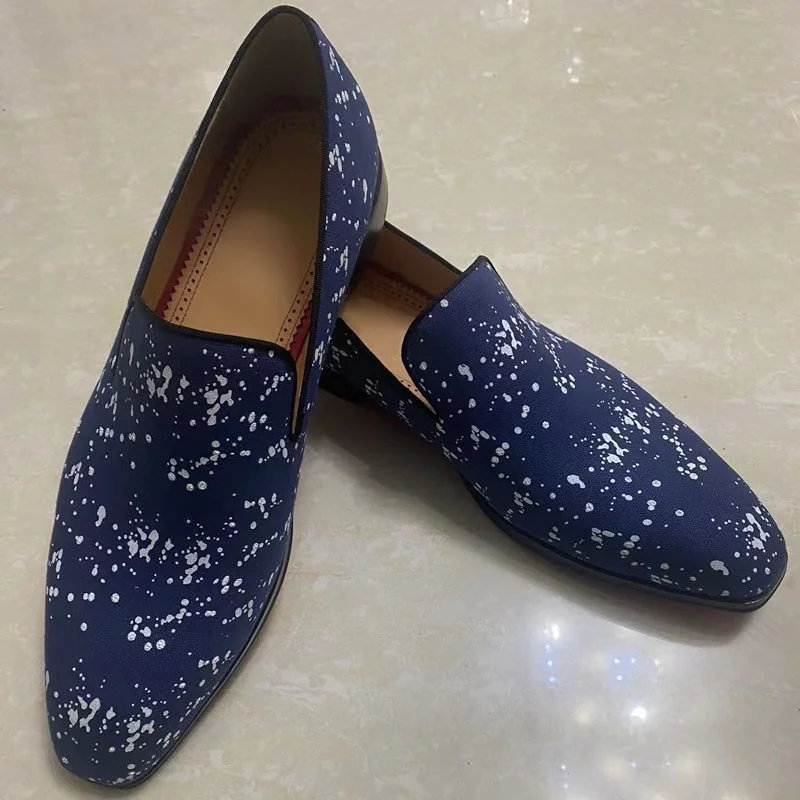 LOUBUTEN Dark Blue Mens Canvas Loafers Slip On Summer Casual Shoes Handmade Flats Denim Shoes Free Shipping