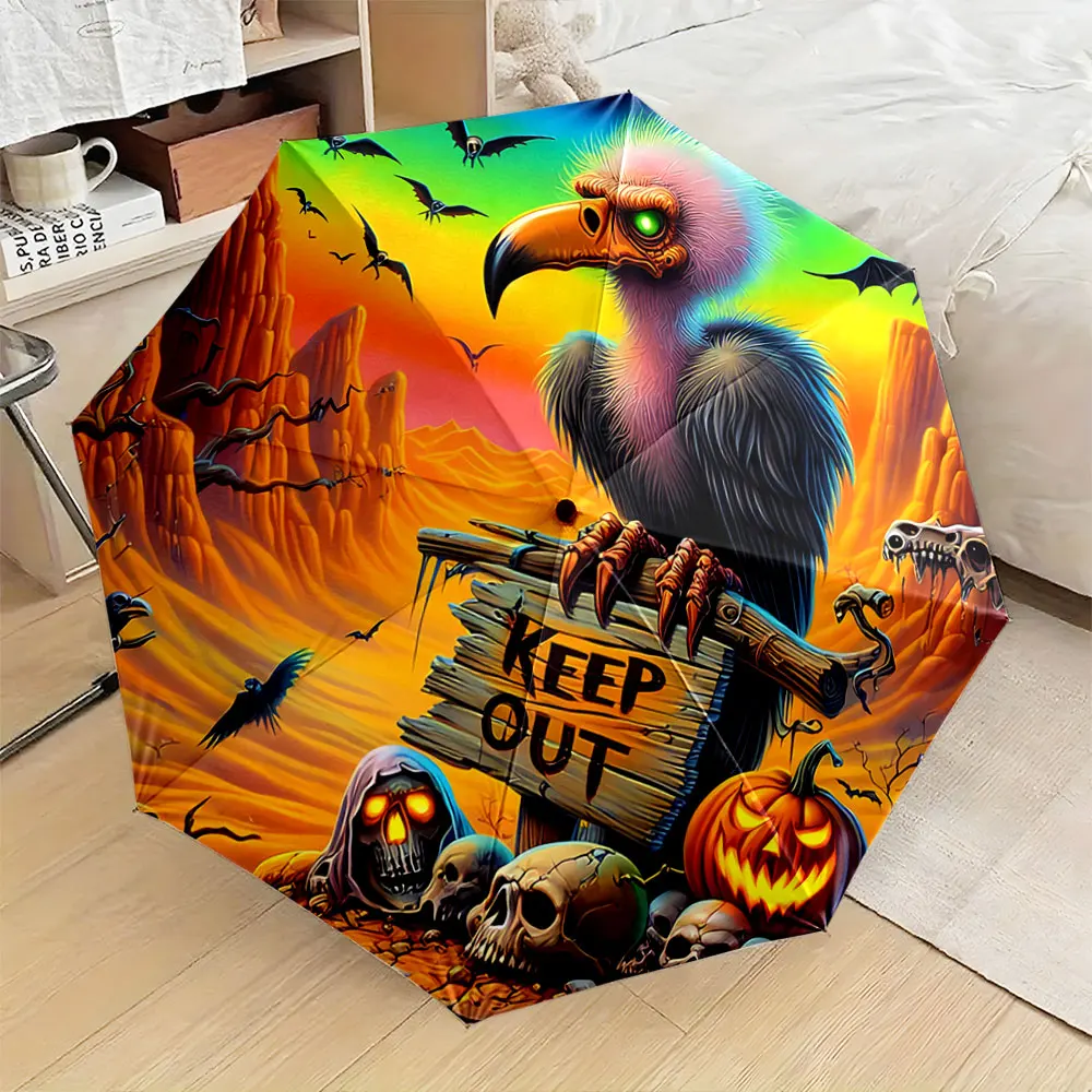 Colorful Desert Scene with Vulture, Skulls, and Keep Out Sign portable waterproof sun rain umbrella for outdoor travel beach