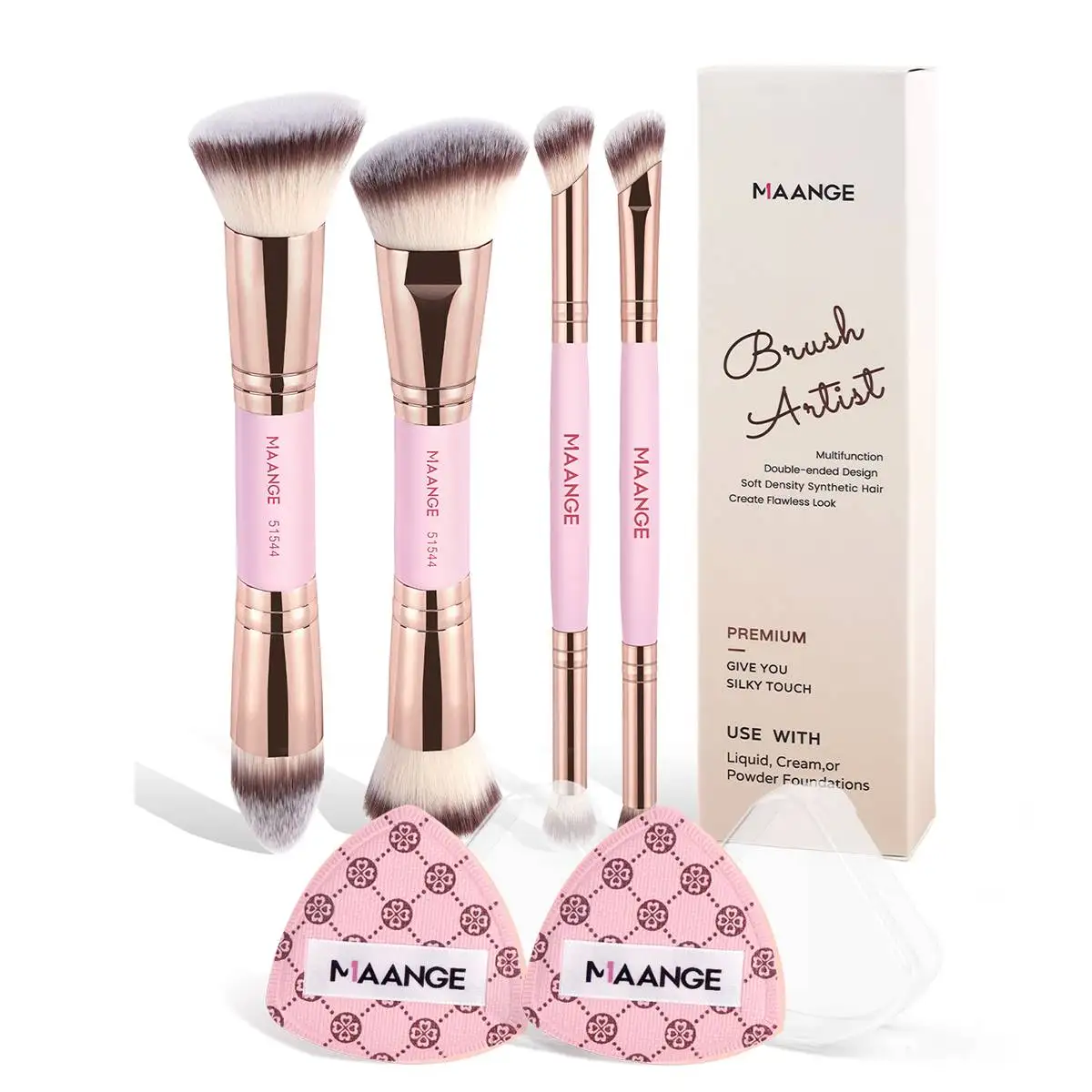 MAANGE 6-teiliges Make-up-Tool-Set, 4-teiliges Make-up-Pinsel, 2 Luftpolsterquasten, Doppelkopf, dichte Foundation, Concealer, Lidschatten, Rouge