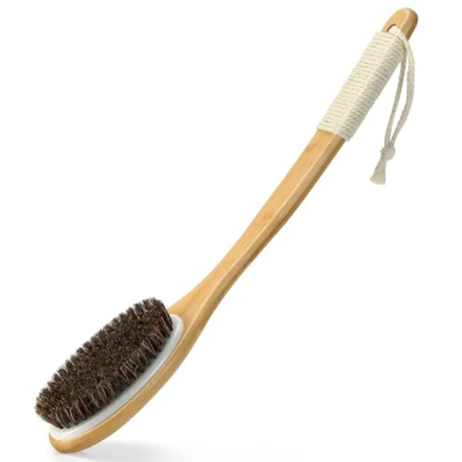 

Bamboo Shower Brush with Curved Long Handle 16.7 Inches Exfoliating Back Scrubber with Natural Bristles for Men and Women Back