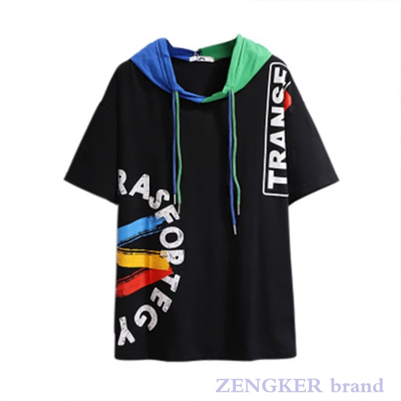 New 6XL women\'s fat mm summer hooded casual short-sleeved loose color matching graffiti T-shirt plus size women