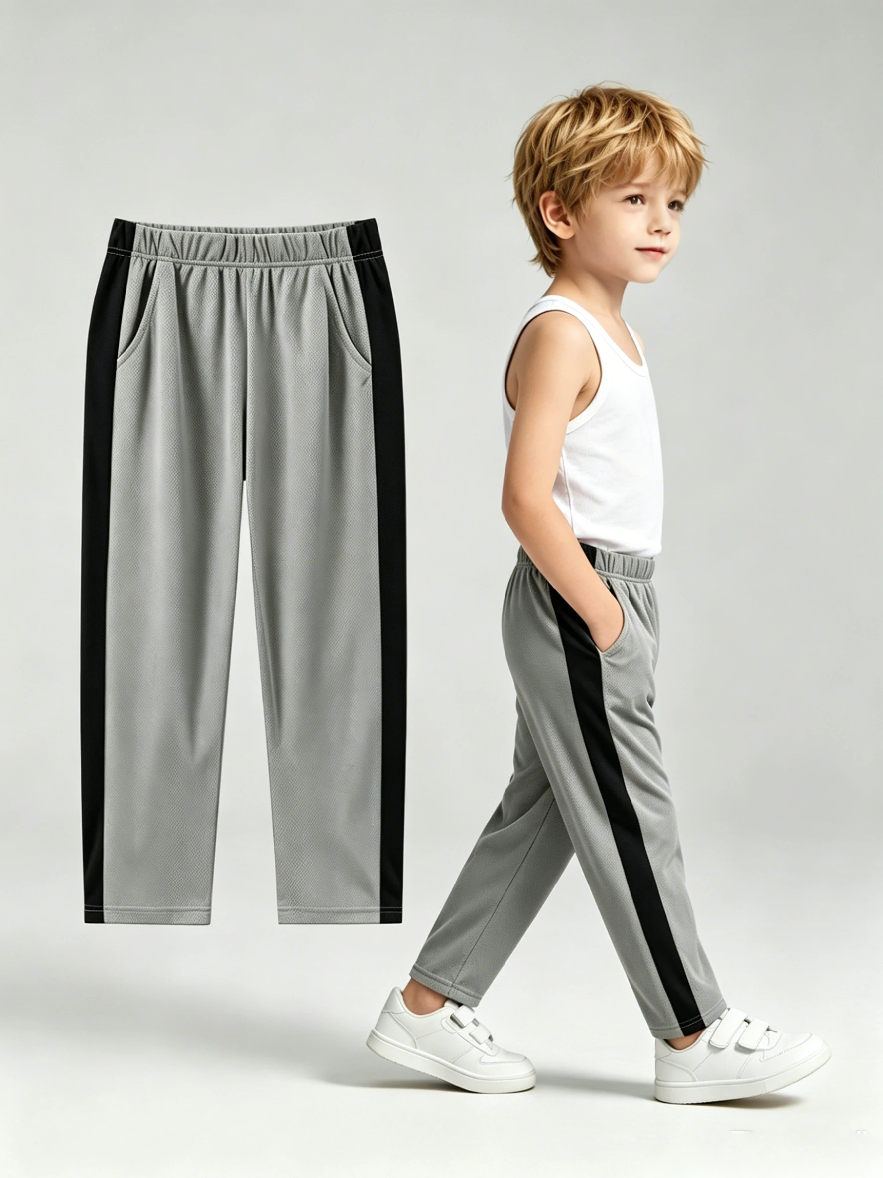 Children's Spring and Summer New Patchwork Fashionable Pants for Boys and Girls, Casual Sports Straight Leg Pants with Pockets