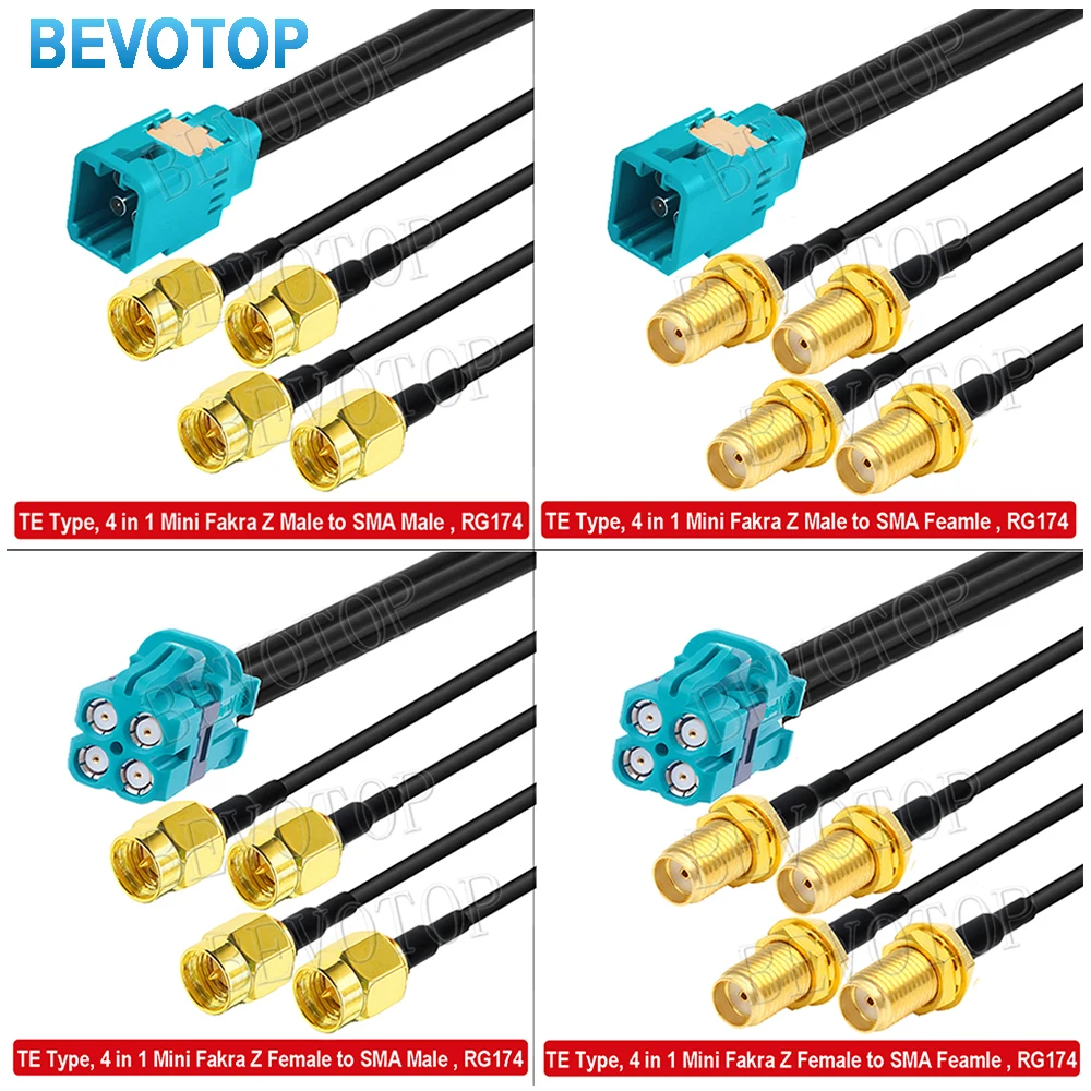 RG-174 TE Type 4-in-1 MiniFakra Z Male / Female to 4 x SMA Male/Female Connector RG174 Coaxial Cable 50 Ohm High Quality BEVOTOP