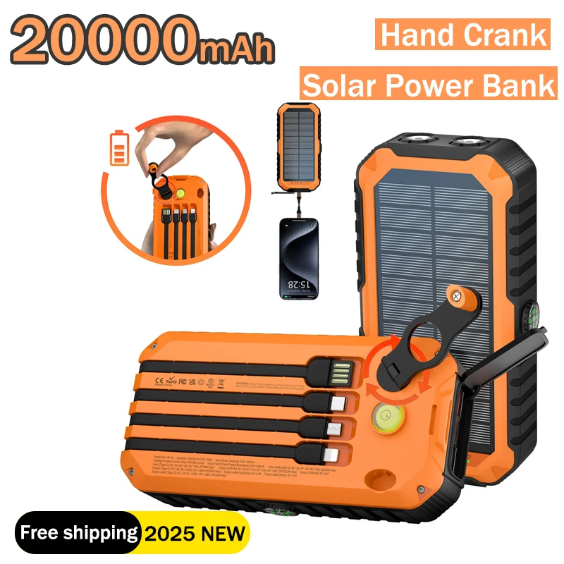 كرنك اليد بنك الطاقة الشمسية 20000mah المدمج في 4 كابلات ضوء شحن سريع شاحن محمول آيفون Xiaomi سامسونج Powerbank