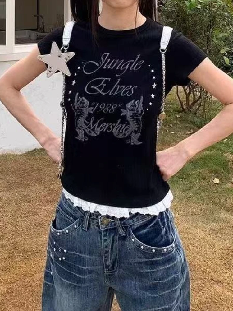 

Готические Y2k винтажные узкие топы с короткими рукавами женские 2000-х годов High Street ретро тонкая футболка 90-х годов эстетические новые шикарные лоскутные наряды